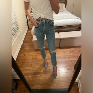 ZARA slim cropped blue distressed jean